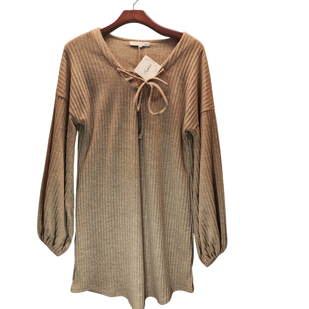 Miss Sparkling Tan Ribbed Lace Up V-Neck Balloon Sleeve Tunic Mini Dress Large